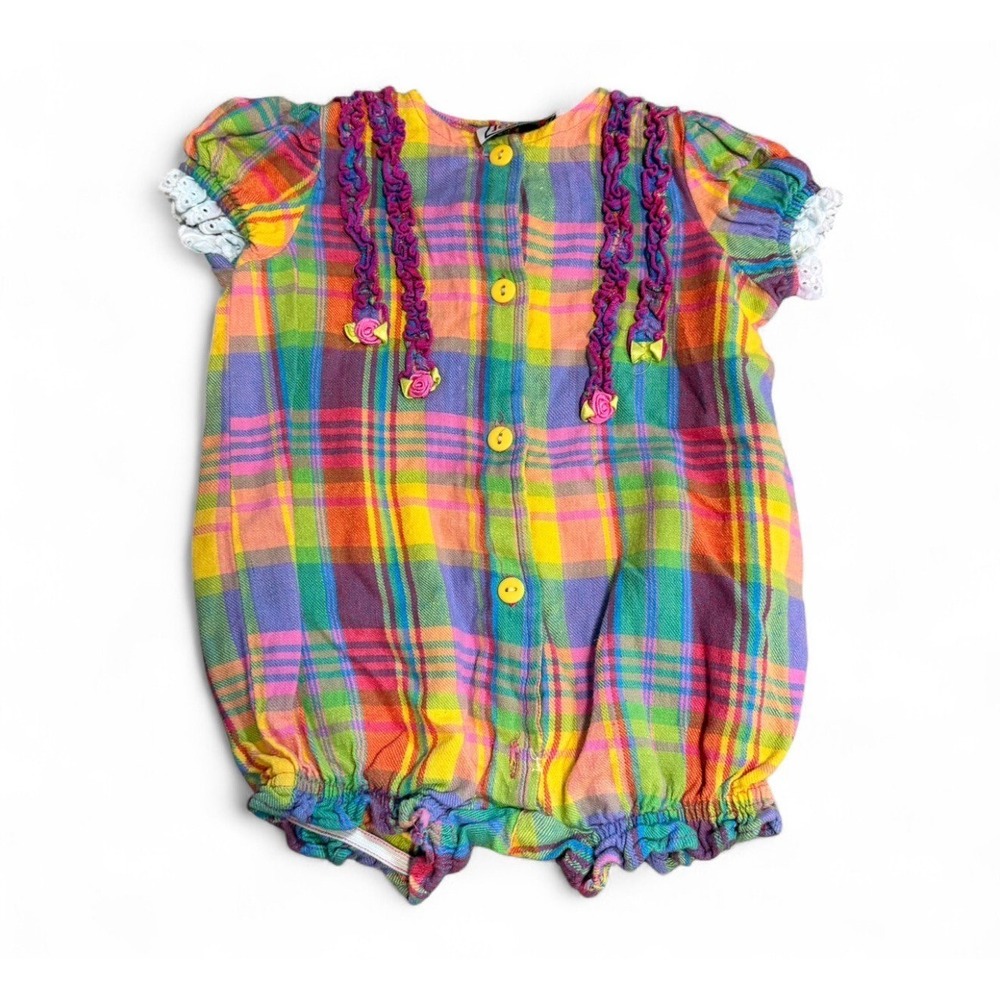 Vintage Jet Set Baby Romper 6-9 Months Rainbow‎ Plaid Bubble Playsuit